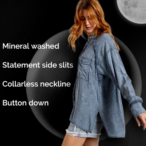 EASEL "Summer Breeze" Mineral Washed Frayed Seams Button Up Tunic Top Side Slits - Picture 2 of 15